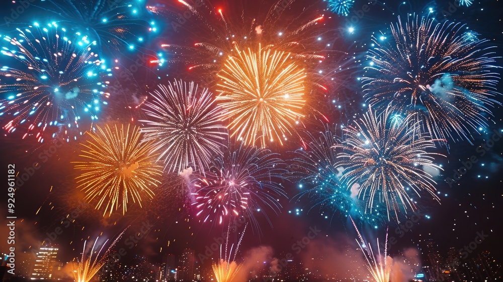 Fototapeta premium Fireworks dazzling night sky displays with vibrant colors. Generative AI.