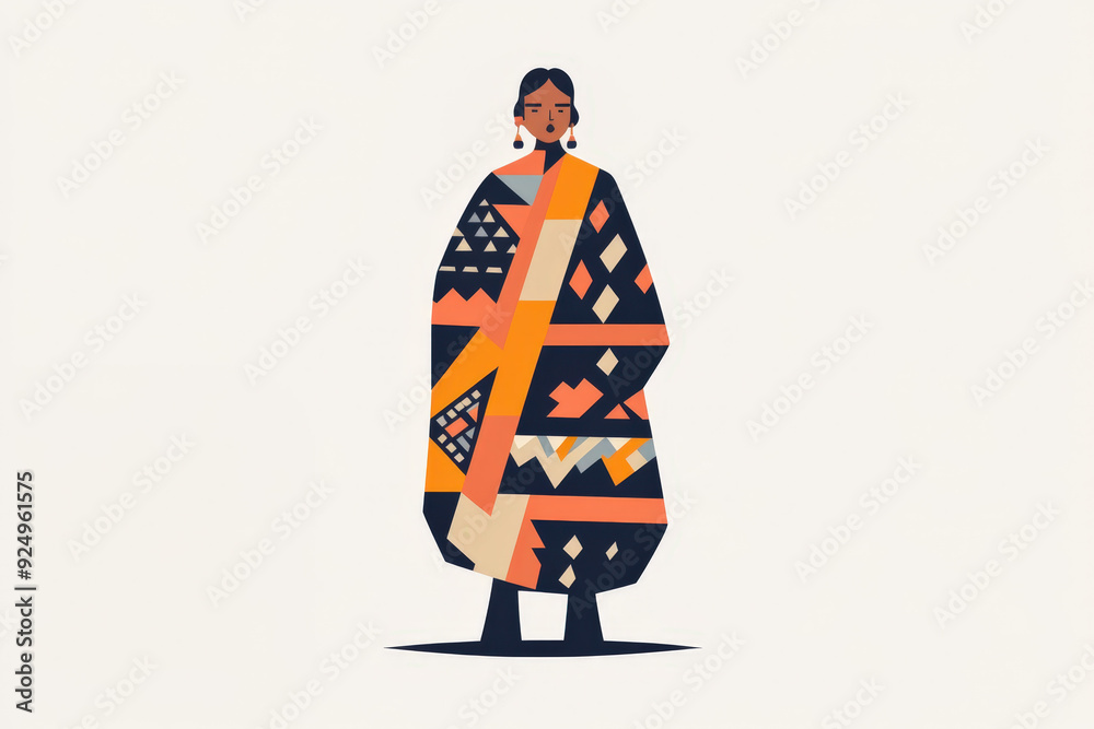Illustration of an indigenous woman wearing a poncho with geometric patterns celebrating indigenous people's culture Illustration of an indigenous woman wearing a poncho with geometric patterns celebrating indigenous people's culture