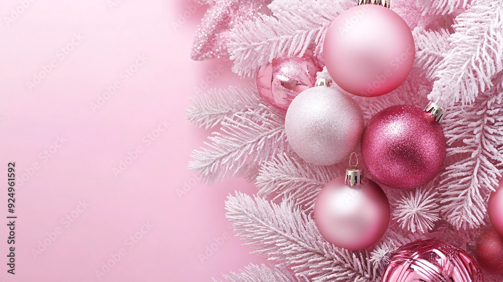 A pink and white Christmas-themed arrangement with space for text featuring frosted pine branches adorned with pink and silver baubles, set against a soft pink background, creating a festive atmospher A pink and white Christmas-themed arrangement with space for text featuring frosted pine branches adorned with pink and silver baubles, set against a soft pink background, creating a festive atmospher