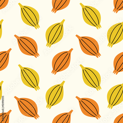 Vector seamless pattern with yellow onion on white background. Modern design for fabric and paper, surface textures. 