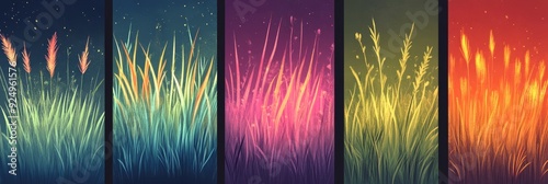 Colorful Grass Blades Abstract Art, Vibrant Nature Background - Abstract nature background with colorful grass blades in different hues of blue, pink, yellow, and red symbolizing energy, growth, harmo photo