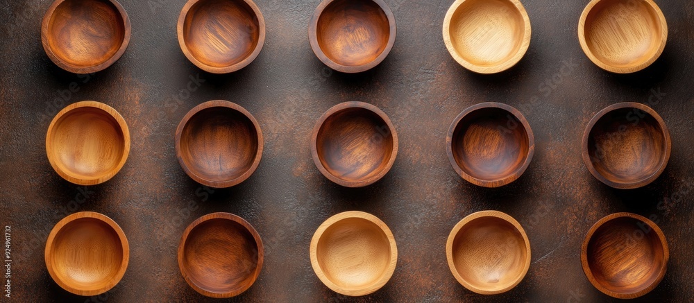 A selection of empty wooden bowls on a brown textured background Top view flat lay Copy space A selection of empty wooden bowls on a brown textured background Top view flat lay Copy space