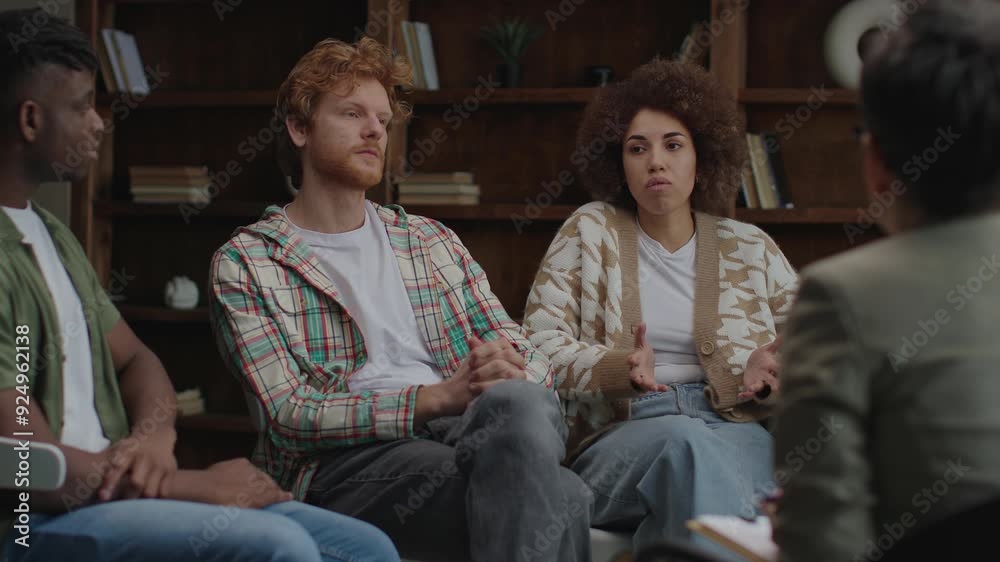 A multiethnic couple shares their concerns while engaged in a diverse therapy circle, guided by a senior therapist, highlighting a moment of open communication and emotional support A multiethnic couple shares their concerns while engaged in a diverse therapy circle, guided by a senior therapist, highlighting a moment of open communication and emotional support
