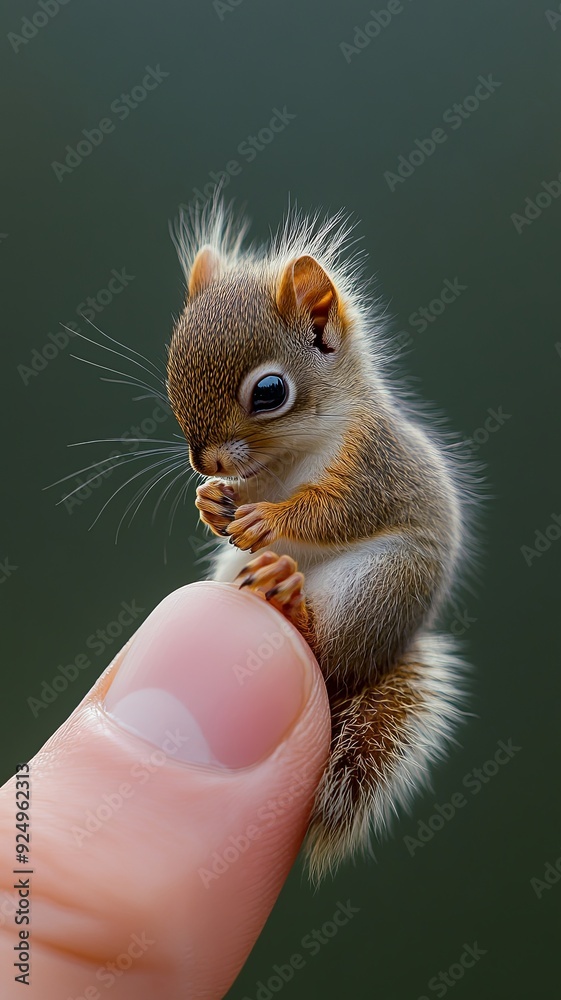 An ultra-realistic, 8K image of a tiny baby squirrel perched on a human finger, its fluffy tail and tiny whiskers portrayed with breathtaking accuracy An ultra-realistic, 8K image of a tiny baby squirrel perched on a human finger, its fluffy tail and tiny whiskers portrayed with breathtaking accuracy