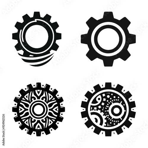 Set of four black gear icons with various designs, from simple to intricate, representing technology and engineering concepts.