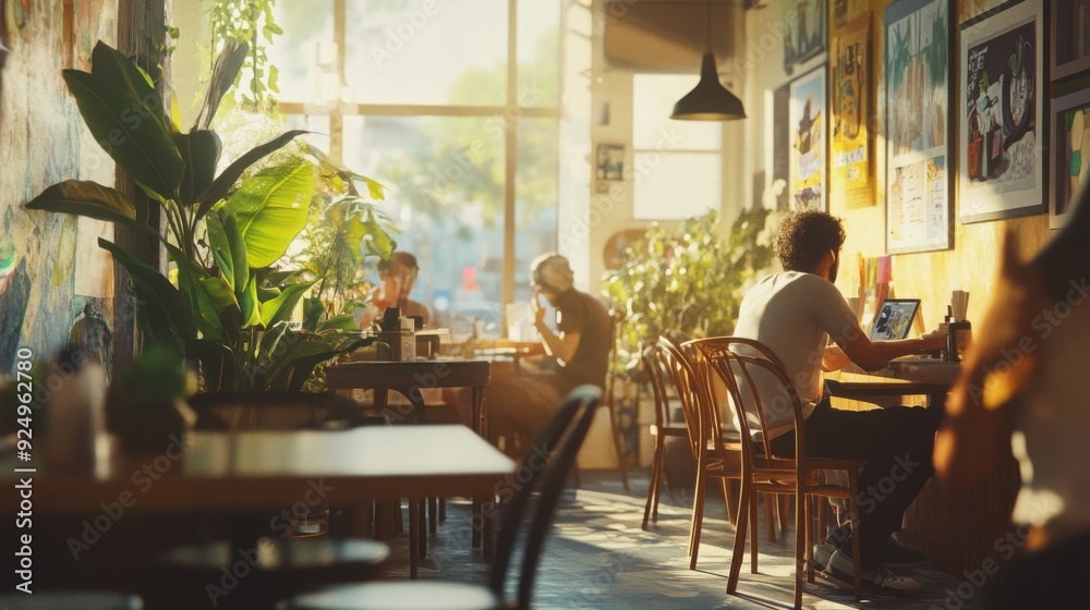 Warm sunlight fills a cozy cafe where patrons work on laptops and enjoy their drinks amidst vibrant decor.
