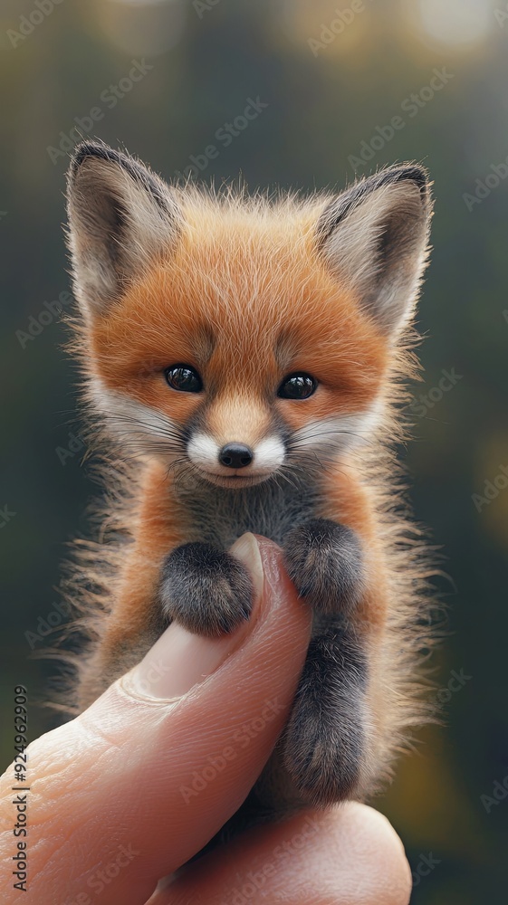 Obraz premium An incredibly detailed, 8K photorealistic image of a tiny baby fox resting on a human finger, capturing the rich hues of its fur and the sharpness of its eyes