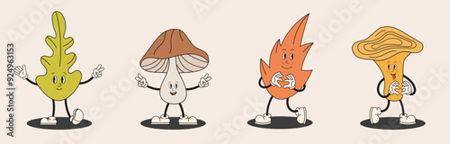 Autumn collection of happy cartoon characters, leaf, oak, mushroom, chanterelle. Cute autumn mascot in retro groovy style. Hello autumn banner, harvest time.