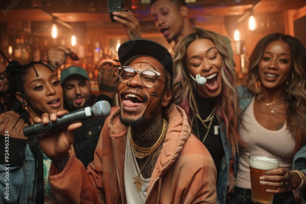 Energetic Karaoke Night with Friends in a Vibrant Bar Scene