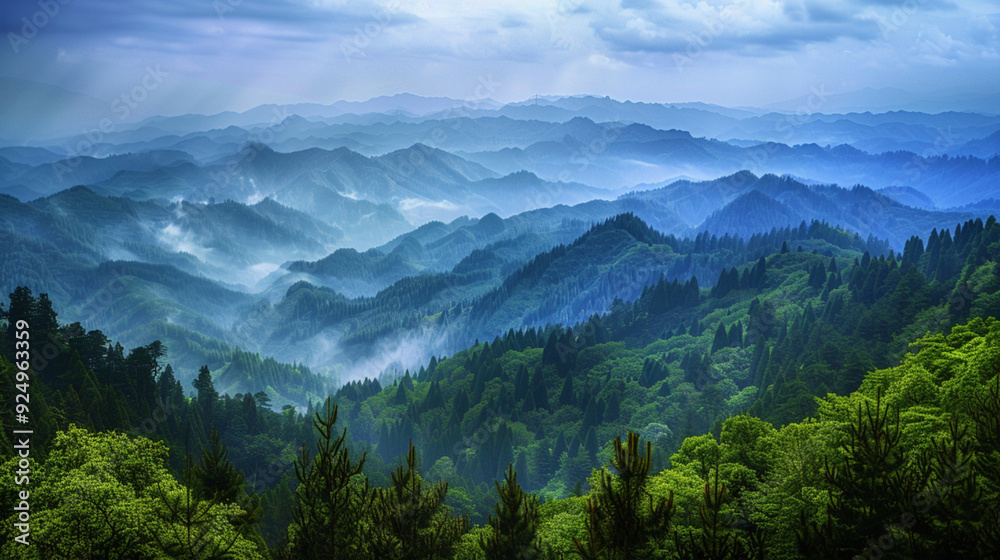 Fototapeta premium Misty mountain landscape, fog over the mountain