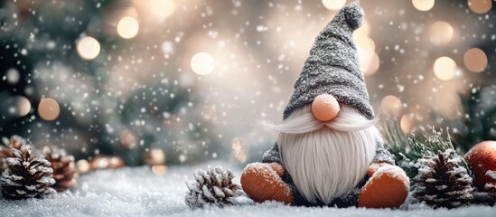 Scandinavian gnome to enhance your holiday decor Christmas advent decoration Concept for Christmas or New Year greeting card mock up. with copy space image. Place for adding text or design