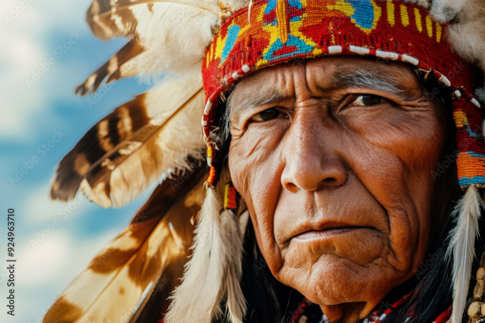 Close-up portrait of a senior native american man wearing a traditional feather headdress Close-up portrait of a senior native american man wearing a traditional feather headdress