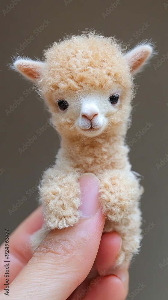 A lifelike, 8K image of a micro tiny baby alpaca resting on a human finger, capturing its fluffy fleece and gentle expression in stunning clarity A lifelike, 8K image of a micro tiny baby alpaca resting on a human finger, capturing its fluffy fleece and gentle expression in stunning clarity