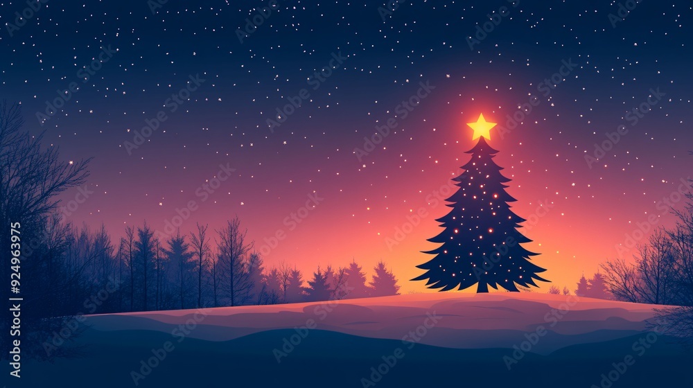 A beautifully lit Christmas tree stands on a snowy hill, glowing under a starry winter sky with a warm sunset backdrop. A beautifully lit Christmas tree stands on a snowy hill, glowing under a starry winter sky with a warm sunset backdrop.