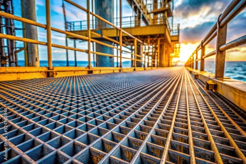 Close-up of rugged offshore steel grating with diagonal pattern and lower level platforms blurred in the background, revealing intricate mesh details and industrial texture.