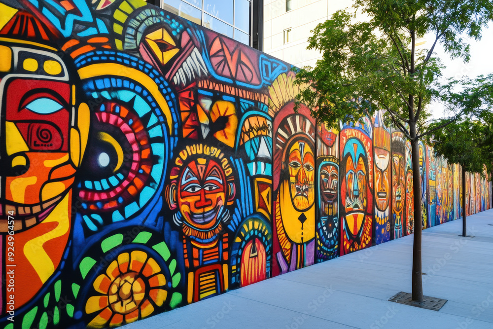 Obraz premium Vibrant and detailed street art mural celebrating the rich history and culture of indigenous people