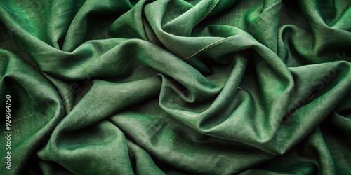 Crumpled dark green linen fabric texture with subtle vignette, evoking a sense of classic elegance and sophistication, ideal for interior design and luxury branding concepts.