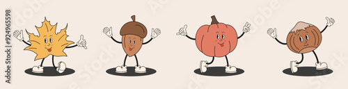 Playful autumn themed characters. Leaf, mushroom, acorn, maple, pumpkin, hazelnut. Cute retro groovy mascot perfect for seasonal designs, cards, prints.