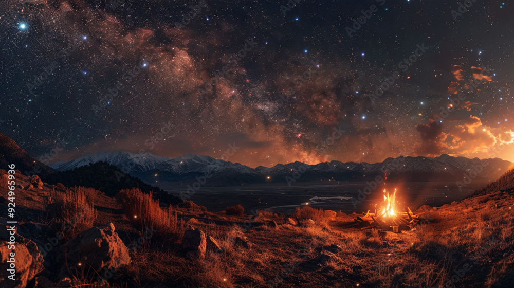Galaxy visible over the mountains at night, stars and light, camping fire, wide angle Galaxy visible over the mountains at night, stars and light, camping fire, wide angle