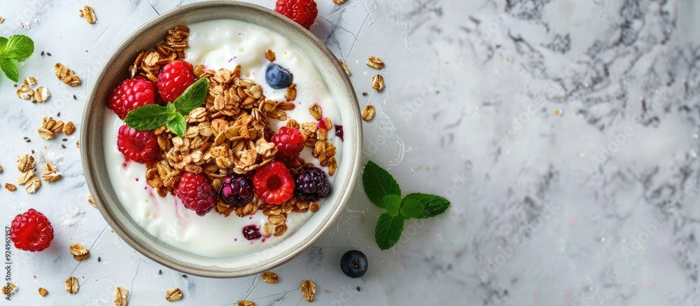 Begin your day in a healthy manner Granola yogurt and berries are presented on a lovely green rustic plate set against a marble background with copyspace Begin your day in a healthy manner Granola yogurt and berries are presented on a lovely green rustic plate set against a marble background with copyspace