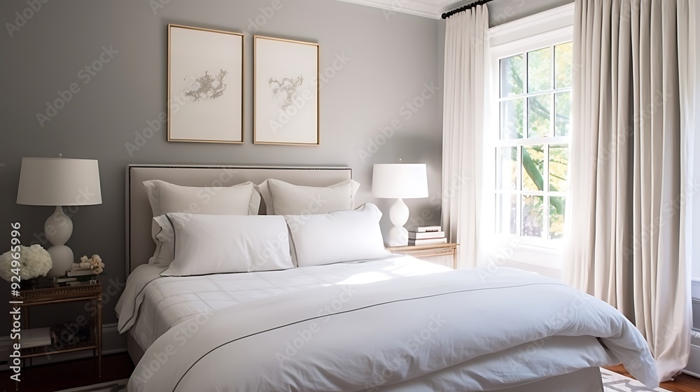 Serene bedroom with a cozy gray bed and white bed linens Serene bedroom with a cozy gray bed and white bed linens