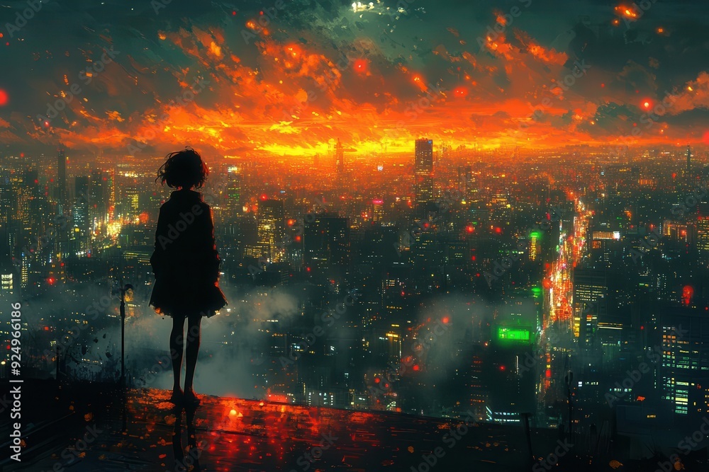 anime character lost in music urban nightscape backdrop vibrant colors and dynamic composition capturing the essence of city life anime character lost in music urban nightscape backdrop vibrant colors and dynamic composition capturing the essence of city life