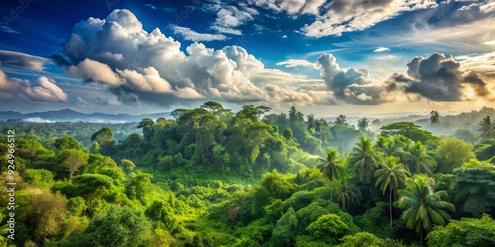 Obraz premium Serene jungle landscape featuring a cluster of trees set amidst a tapestry of lush green vegetation, with fluffy white clouds drifting lazily across the sky.