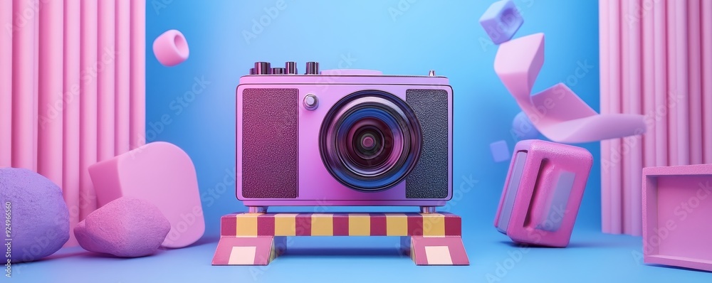 Pink and blue 3D rendered camera on colorful platform. Pink and blue 3D rendered camera on colorful platform.