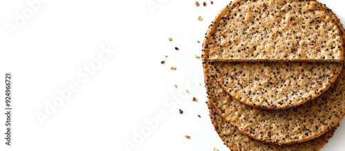 Fresh crunchy rye crispbreads against a white background top view Room for text. with copy space image. Place for adding text or design photo