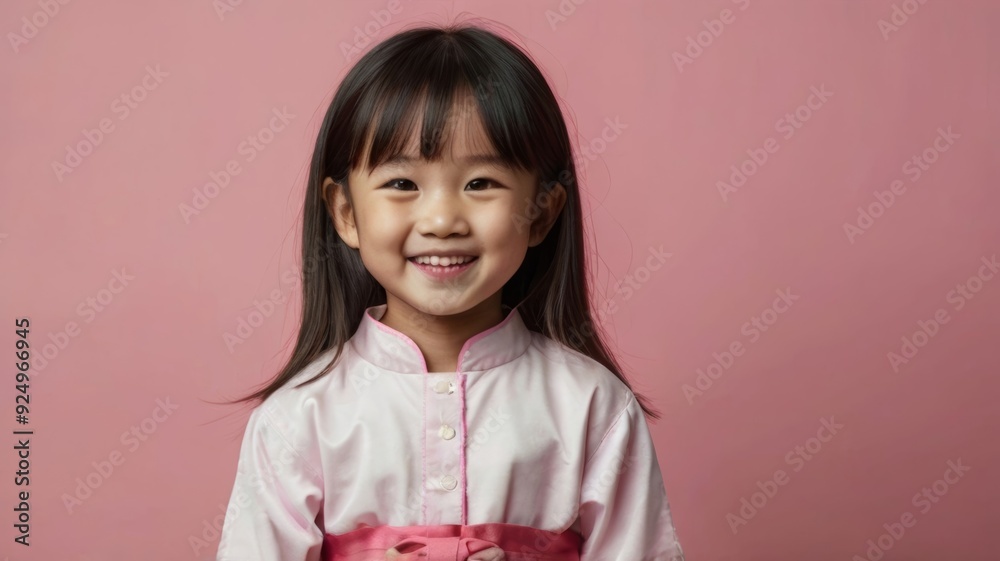 Happy Asian child girl isolated on pink copy space wall Happy Asian child girl isolated on pink copy space wall
