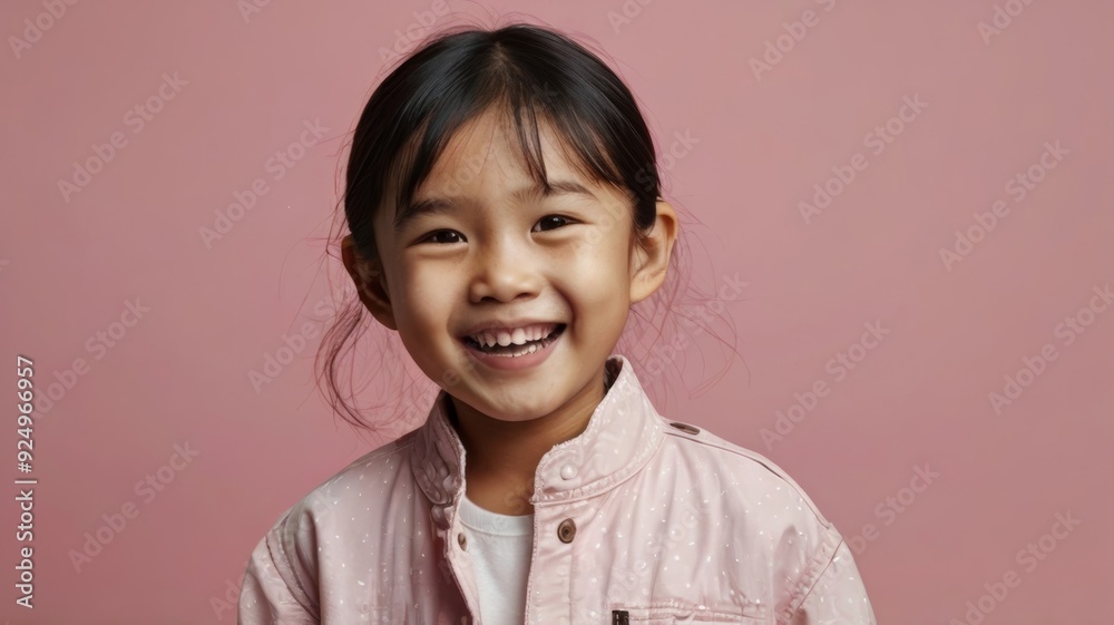 Happy Asian child girl isolated on pink copy space wall Happy Asian child girl isolated on pink copy space wall