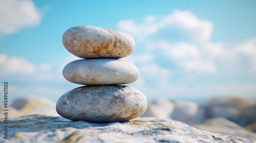 Three smooth gray stones stacked in a zen-like formation on a rock with a blue sky and white clouds as background. Three smooth gray stones stacked in a zen-like formation on a rock with a blue sky and white clouds as background.