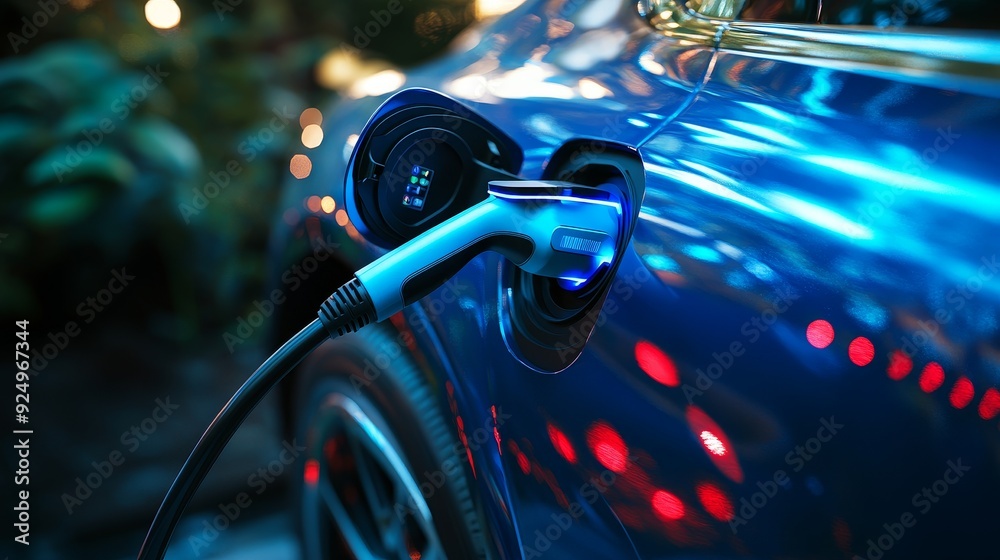 Electric Car Charging at Night - Sustainable Transportation - A close-up of an electric car charging at night, showcasing the sleek design of the vehicle and the charging cable connected to the car. T Electric Car Charging at Night - Sustainable Transportation - A close-up of an electric car charging at night, showcasing the sleek design of the vehicle and the charging cable connected to the car. T