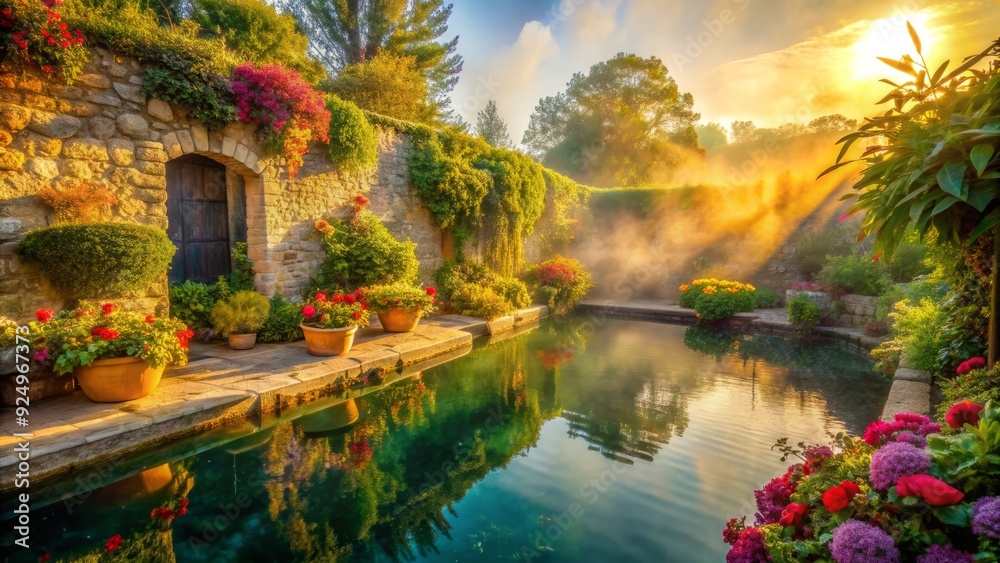 Ethereal morning mist enveloping a tranquil pool, surrounded by ancient stone walls, lush vines, and vibrant flowers, bathed in soft, warm golden light. Ethereal morning mist enveloping a tranquil pool, surrounded by ancient stone walls, lush vines, and vibrant flowers, bathed in soft, warm golden light.