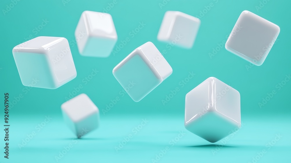 White cubes floating in mid-air against a turquoise background. Minimalist geometric design. White cubes floating in mid-air against a turquoise background. Minimalist geometric design.