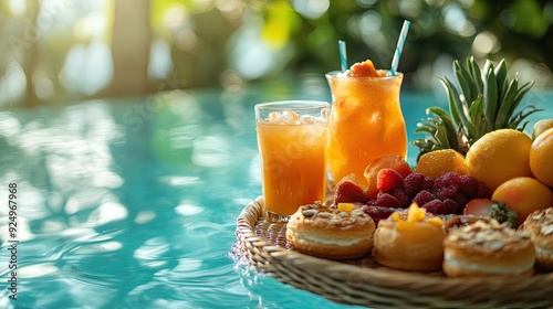 A breakfast set featuring tropical fruits, pastries, and drinks, beautifully arranged on a floating tray in a hotel resort's swimming pool, ready to be enjoyed photo