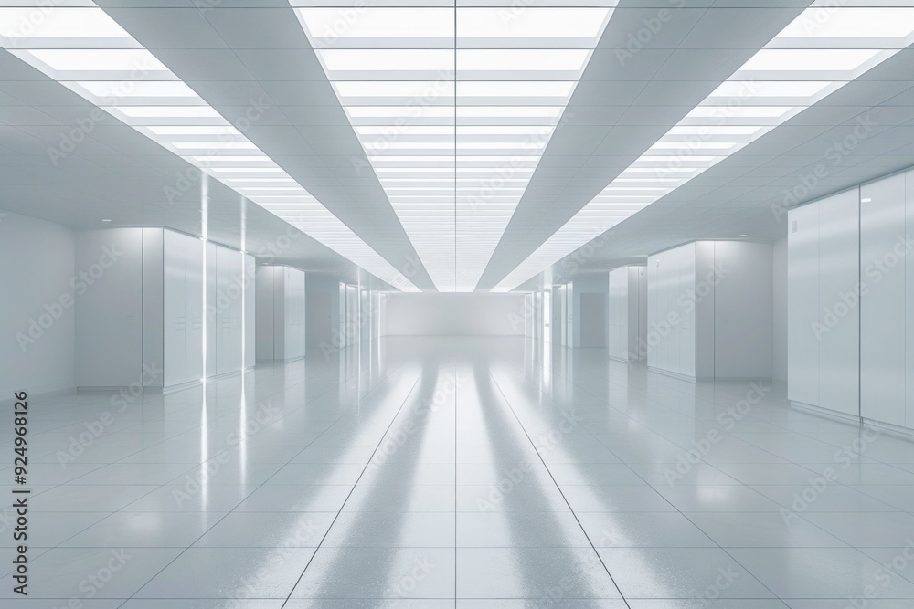Fototapeta premium Modern minimalist interior of a spacious, well lit corridor with glossy floors and white walls