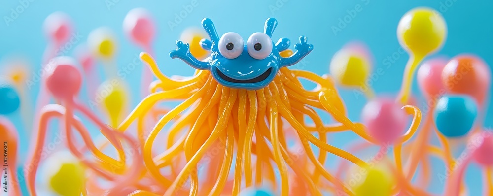 A blue monster with yellow hair surrounded by colorful orbs. A blue monster with yellow hair surrounded by colorful orbs.