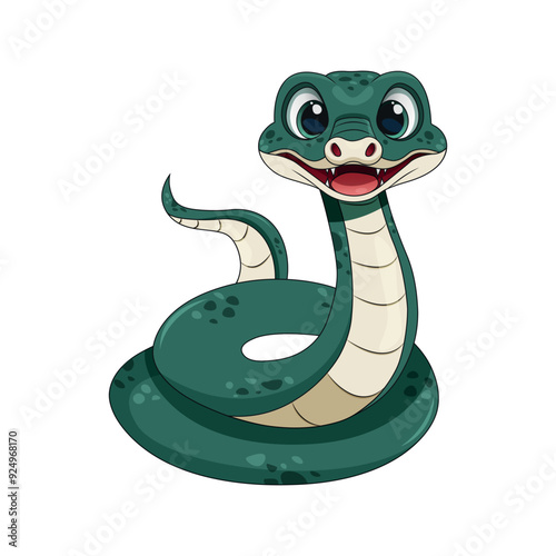 Cute smiling cartoon green snake white isolated background. New year of 2025 animal snake symbol. Chinese zodiac snake symbol.