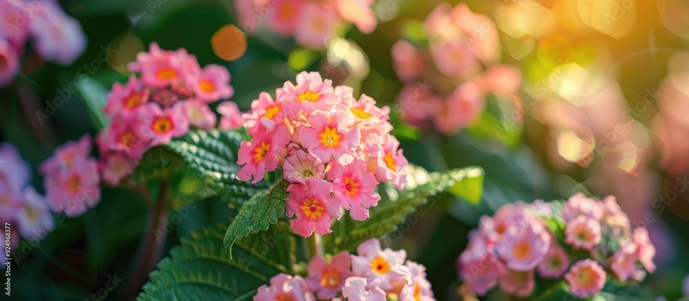 Close up view of a beautiful pink Lantana Camara flower in a vibrant hedge Perfect for a copy space image Close up view of a beautiful pink Lantana Camara flower in a vibrant hedge Perfect for a copy space image