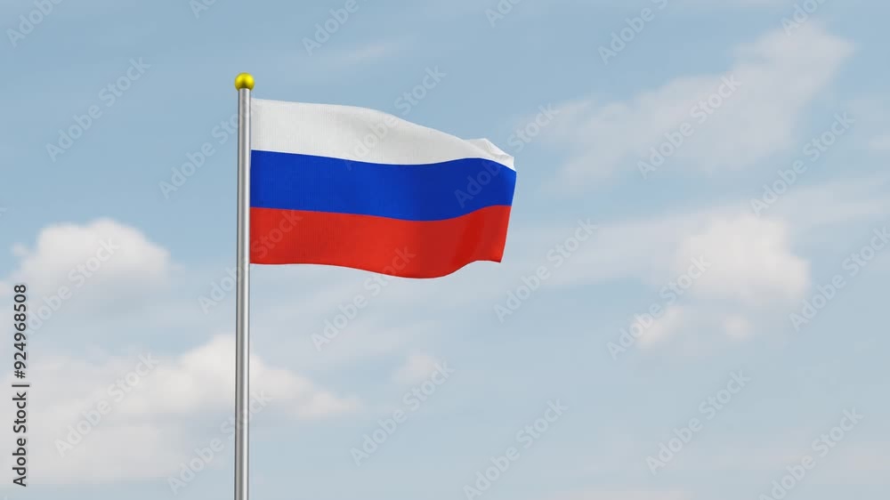 Russia flag waving gracefully against a clear blue sky. Featuring a realistic fabric texture. Russian flying flag. Russia fluttering flag in the wind. ideal for independence day Russia flag waving gracefully against a clear blue sky. Featuring a realistic fabric texture. Russian flying flag. Russia fluttering flag in the wind. ideal for independence day