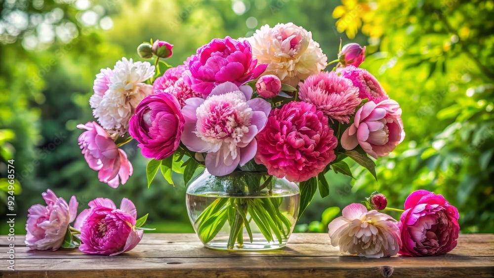 Obraz premium Vibrant peonies freshly picked from a lush country garden, exquisitely arranged in a delicate vase, radiating warmth and romance in a serene home decor setting.