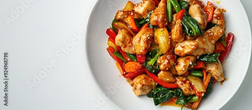 Top view of a chicken stir fry with vegetables on a white background, offering room for additional imagery.
