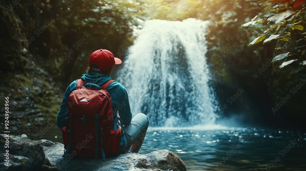 Obraz premium Adventurous Serenity: A trekker in a red hat, with a backpack, sitting near a waterfall, soaking in the splashes of nature's power. Traveling and outdoor adventure.