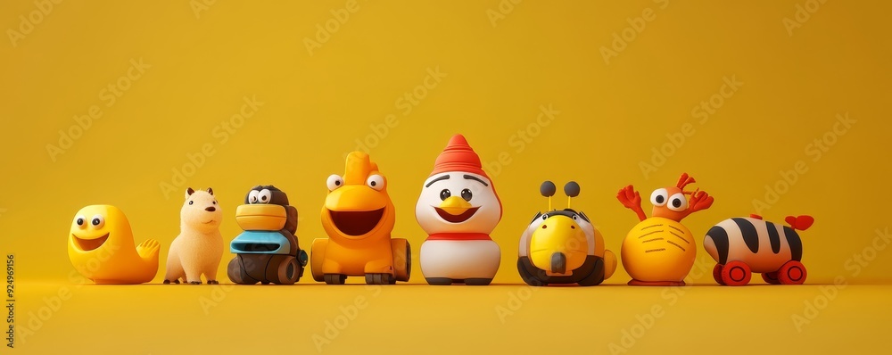 Fototapeta premium A row of colorful cartoon characters on a yellow background.