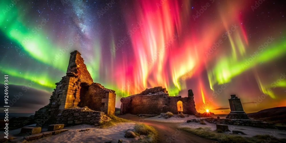 Flickering northern lights in shades of crimson and amber above ancient Viking ruins, mysterious atmosphere, high contrast ratio, telephoto lens. Flickering northern lights in shades of crimson and amber above ancient Viking ruins, mysterious atmosphere, high contrast ratio, telephoto lens.