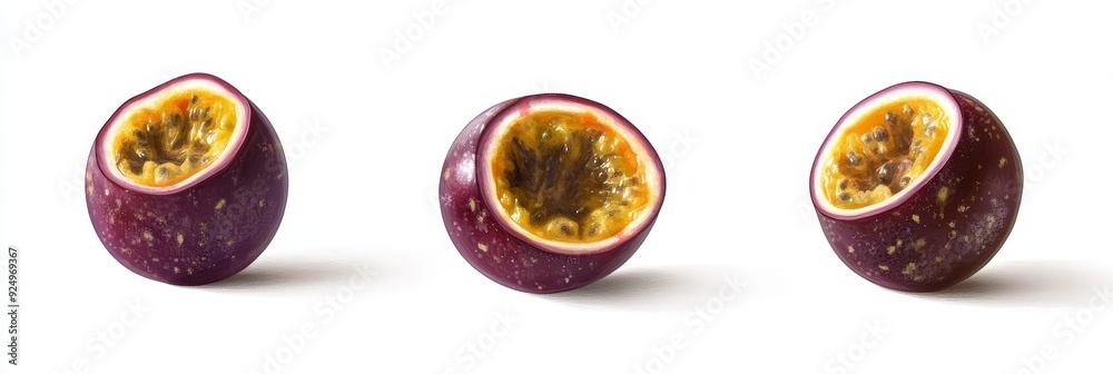 Fresh Passion Fruit Cut In Half Isolated On White Background - Three passion fruits, one whole and two cut in half, revealing the vibrant yellow flesh and seeds. The fruits are isolated on a white bac Fresh Passion Fruit Cut In Half Isolated On White Background - Three passion fruits, one whole and two cut in half, revealing the vibrant yellow flesh and seeds. The fruits are isolated on a white bac