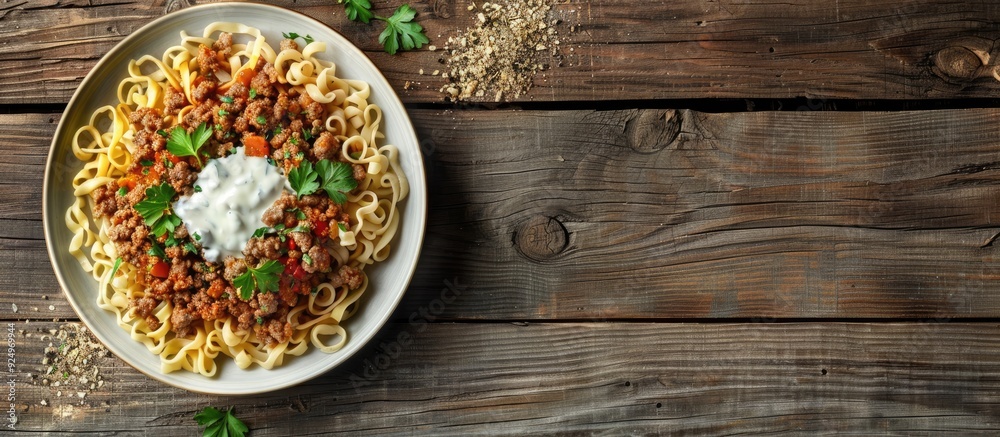 Turkish noodles served with ground meat sauteed onions and a side of yogurt on a plate with copy space image Turkish noodles served with ground meat sauteed onions and a side of yogurt on a plate with copy space image