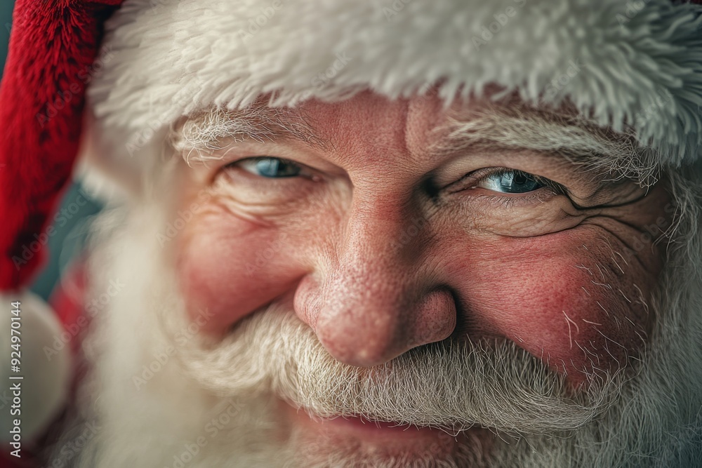 A heartwarming close-up of Santa's face, radiating kindness and joy. His twinkling eyes sparkle with festive cheer. A heartwarming close-up of Santa's face, radiating kindness and joy. His twinkling eyes sparkle with festive cheer.