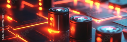 Futuristic Technology: Cylinders Glowing on a Circuit Board - Three futuristic metal cylinders glow with red light on a circuit board. This image symbolizes technology, innovation, data transfer, conn photo